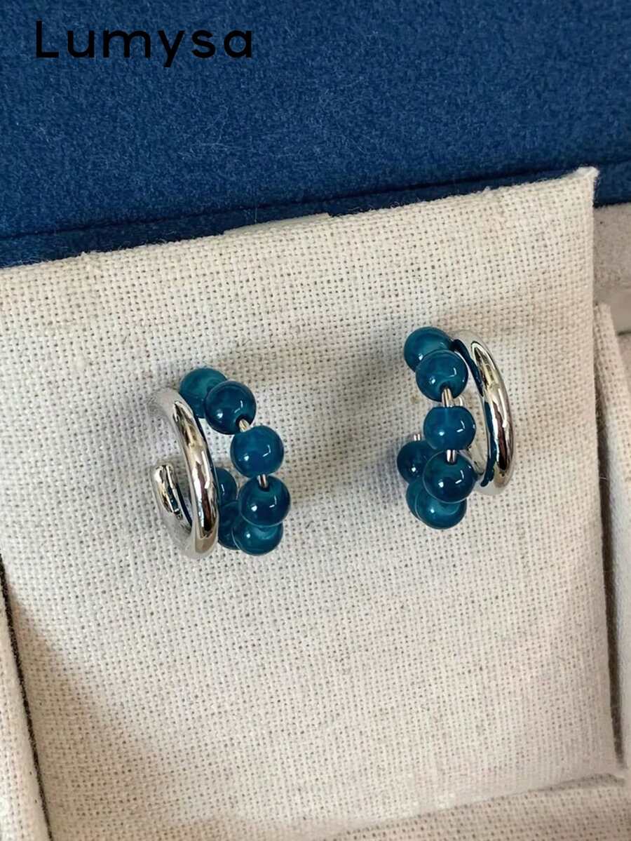 1 Pair Fashion Vintage Royal Blue Beaded Hoop Earrings Suitable For Women's Daily Commute Wear