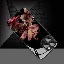 1pc Elegant Rich Lily Pattern Glass Material Phone Case, High-End And Sophisticated, Suitable For Apple Tempered Glass - Black - View 4