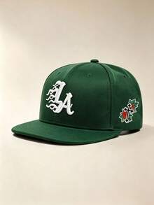 1pc Unisex Flat Brim Baseball Cap, Gothic‑Style LA Embroidery, Rose Cross Print On Side, Hard Crown, Adjustable, For Daily, Street, Party, Travel Wear - Multicolor - View 8