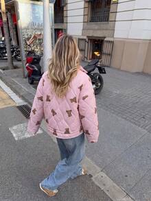Women's Bear Pattern Plaid Quilted Down Jacket, Casual Zipper Stand Collar Long Sleeve Loose Fit Winter Coat - Pink - View 6
