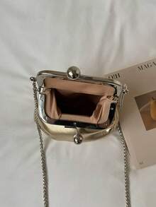 Premium Textured Metal Gold Clasp Mini Bag, Soft Pleated Chain Crossbody Evening Handbag - Gold - View 10