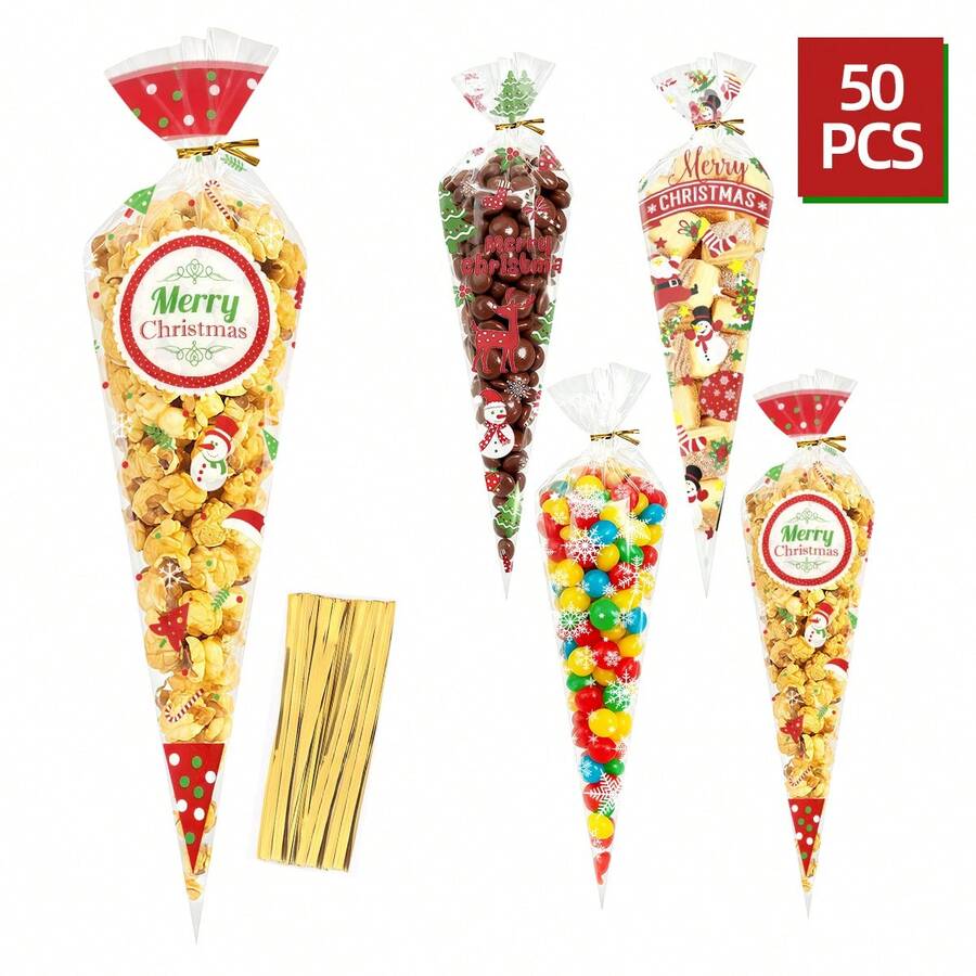 50pcs Christmas Cone-Shaped Snack Bags With Gold Twist Ties, For Candy, Popcorn, Cookies, Snacks Packaging, Christmas Print Transparent Triangle Bags, Holiday Party Gift Packaging Bags