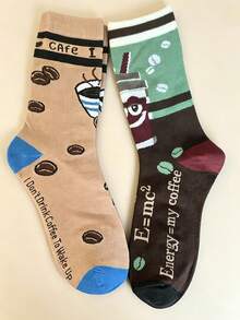 1 Pair Women's Mid-Calf Socks, All-Season Coffee Theme Creative AB Mid-Calf Socks, Fashionable & Minimalist, Fun & Interesting, Soft & Comfortable Fabric, Skin-Friendly & Non-Irritating, Breathable & Non-Stuffy, Suitable For Various Occasions - Multicolor - View 2