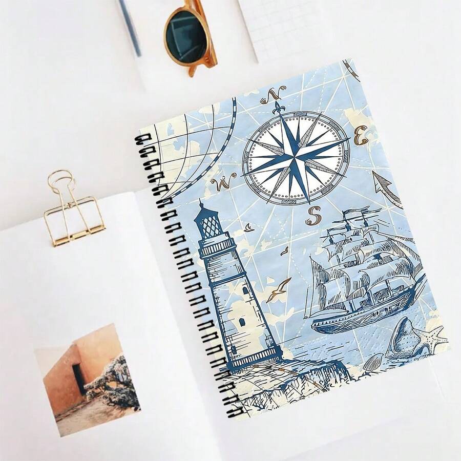 1pc A5 Nautical Compass Spiral Notebook, High-Quality Paper, Academic Rule Diary, With Marine Design, Perfect For Office, School, Or As A Gift For Friends, Sisters, Brothers, Teachers And Students, Notebook Suitable For School - Perfect Gift For Christmas, Thanksgiving, Classic Lined Spiral Notebook - Lined Book - View 1