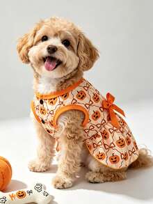 LUCKIE PAW 1 buah Gaun Hewan Peliharaan Motif Ekspresi Lucu Halloween, Anti Kutu, Mengurangi Kerontokan Bulu, Isolasi Panas, Bernapas, Cocok Untuk Anjing dan Kucing Kecil dan Besar, Dalam dan Luar Ruangan - Jeruk - View 4