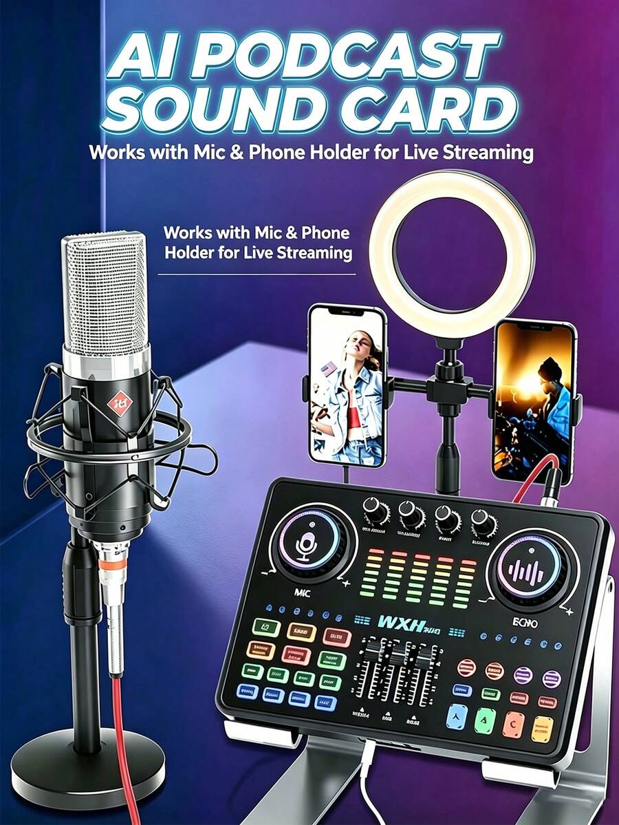 DJ20 Pro Mixer With AI Chip, Dual Bluetooth 5.3 Low Latency, 6-Hour Long Battery Life, 12 Sound Effects And Ambient Lighting, AI Noise Reduction, Plug And Play, Suitable For Podcast, Karaoke, Live Streaming, DJ Show, Compatible With IOS And Android