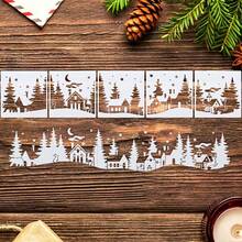 5 Winter Forest And Christmas Templates - Featuring A Snowy Village Scene (Houses, Trees, Moon) - Suitable For Decorating Walls, Canvas, Paper, Glass, And Windows. - Sets - View 2