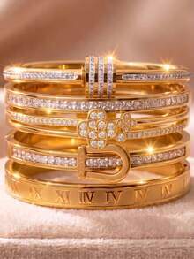 5/1pcsLuxury Gold‑Tone Stainless Steel Bangle Set, Different Bangles Bring You Distinct Wearing Experiences - Gold - View 12