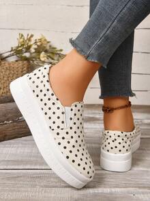 Women's Beige Polka Dot Thick Sole Slip-On Casual Versatile Fashion Shoes - Beige - View 6