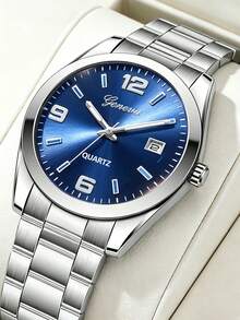 Silver Stainless Steel Round Case Scale Design Steel Band Quartz Watch, Blue Dial, Birthday Gift, Back To School, Daily Versatile, Calendar Function - Blue - View 6
