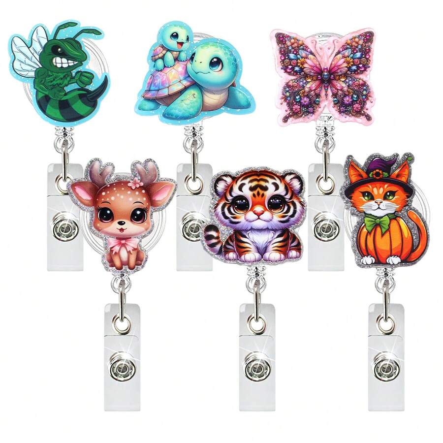 1 pieza Carrete retráctil giratorio con diseño de tortuga, tigre y mariposa para doctor y enfermera - Multicolor - Ver 1