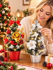 1pc Mini Artificial Christmas Tree, Multiple Styles Desktop Christmas Decoration With Bows, Pinecones And Flower Balls Decor, Small Tabletop Pine Tree Suitable For Indoor Home Window Sill Yard Outdoor Landscape, Christmas Party Table Decoration, Perfect Christmas Holiday Gift Item - Multicolor - View 2