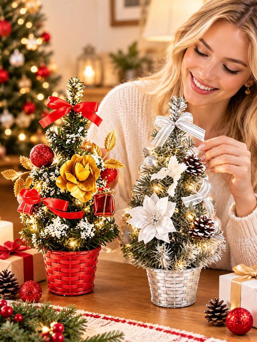 1pc Mini Artificial Christmas Tree, Multiple Styles Desktop Christmas Decoration With Bows, Pinecones And Flower Balls Decor, Small Tabletop Pine Tree Suitable For Indoor Home Window Sill Yard Outdoor Landscape, Christmas Party Table Decoration, Perfect Christmas Holiday Gift Item