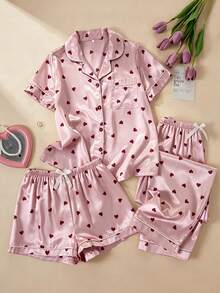 Autumn Women's Pajama Set Satin Romantic Luxury Heart Print Patch Pocket Front Button Lapel Short Sleeve Top Shorts Long Pants 3pcs Set Summer Loungewear - Baby Pink - View 1