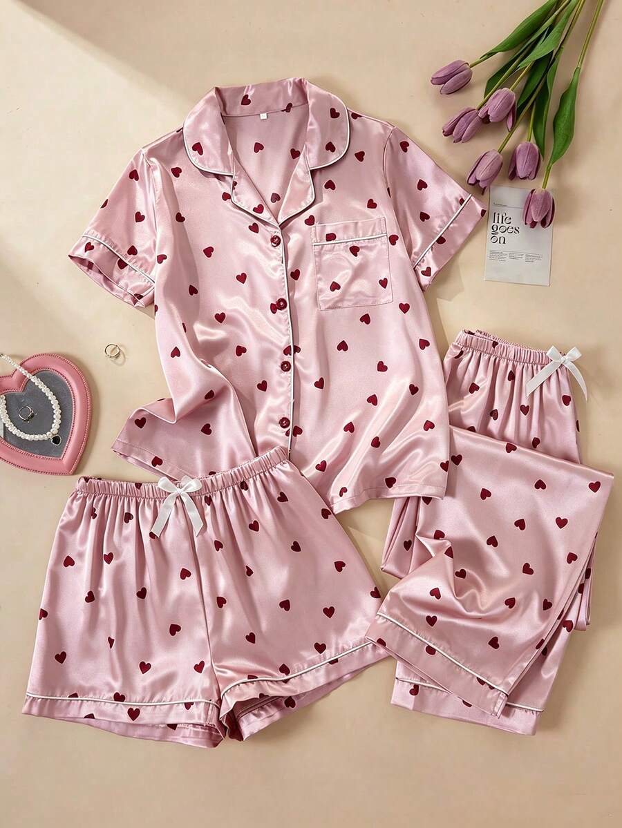 Autumn Women's Pajama Set Satin Romantic Luxury Heart Print Patch Pocket Front Button Lapel Short Sleeve Top Shorts Long Pants 3pcs Set Summer Loungewear - Baby Pink - View 1