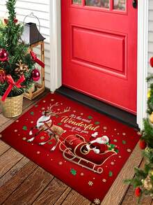 1pc Santa Claus And Reindeer Sleigh Design Doormat, Printed With "This Is The Best Time Of The Year" Text. This Home Christmas Decor Rug, Crystal Velvet Material Machine Washable, Designed As A Rectangular Carpet, Suitable For Winter Use, Home Decor, Christmas Decorative Rug. - Santa Claus - View 1