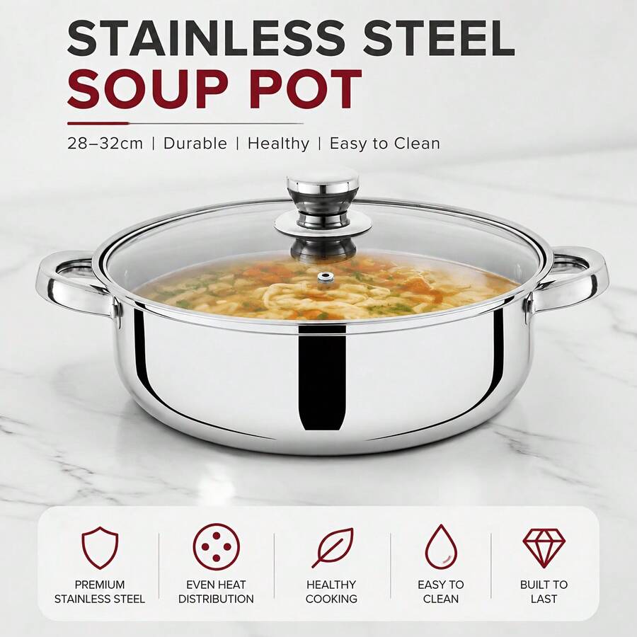 Panci Masak Stainless Steel 28cm dengan Tutup Kaca Kapasitas Besar Panci Kaldu