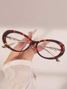 1pc European & American New Oval High-End Women's Clear Lens Metal Temple Pearl Inlaid Fashion Transparent Decorative Glasses - Clear - View 9