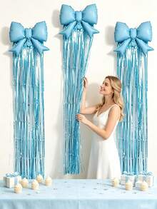 4pcs 21-Inch Bow Balloons + 2m Metallic Fringe Curtain Balloon Set, Wall Hanging Party Background Decoration, Birthday, Wedding, Christmas, Halloween, Baby Shower Theme Party Decor, Holiday Photo Backdrop Props - 4-piece Butterfly Balloon Rain Curtain Set - View 7