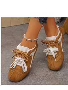 Women's Colorblock Retro German Trainer Shoes, Flat Lace-Up Sneakers, Lightweight Versatile Casual Skate Shoes - Camel - View 7