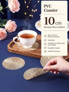 6-30pcs Gold PVC Round Coasters, Minimalist Style Coffee Cup Coasters, Washable, Easy To Clean, Wipeable, Non-Slip, Heat-Resistant, Suitable For Room Decor, Table Decor, Home Decor, Party Decor, Suitable For Holidays, Parties, Gatherings, Birthdays, Weddings, Gifts, Presents, Dinner Parties, Outdoor, Picnics. - Gold - View 3