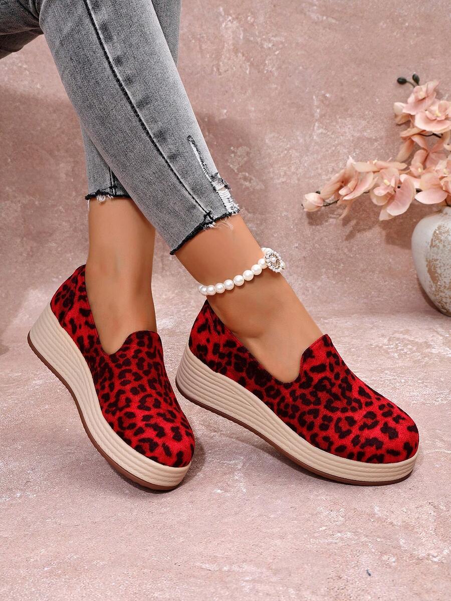 Fashionable Faux Rope Woven Casual Loafers Slip-On Slouchy Shoes For Women Thick Sole Wedge Heel - Red - View 1
