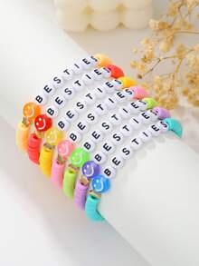 RINTOLER 1 bộ/7 chiếc Vòng tay tình bạn bằng đất sét mềm hình mặt cười màu kẹo phong cách ngày lễ mùa hè, chữ cái, hình học đàn hồi, màu sắc ngẫu nhiên - Nhiều màu - Xem 3