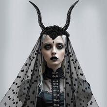 1pc Halloween Gothic Queen Dark Horn Mesh Headband Party Ball Performance Costume Holiday Hair Accessory Prop - Black - View 2
