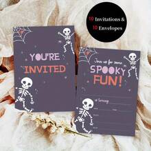 Party Invitation Cards - 10 Cards & Envelopes, Double-Sided Printed With "You're Invited" - Suitable For Birthday, Graduation, Wedding & Friendship Day Celebrations | Halloween Theme Fun Stationery: Cute Skeleton/Spider + Spooky Fun - A - View 1