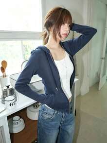 Korean Style Retro Solid Color Casual Versatile Zip-Up Slimming Hooded Sweatshirt Jacket For Women - Royal Blue - View 8