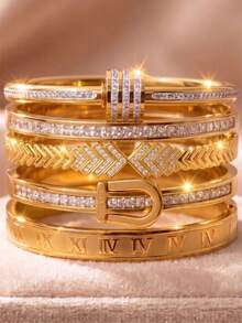 5/1pcsLuxury Gold‑Tone Stainless Steel Stackable Bangle Set, Bring You Multiple Styling Options - Gold - View 5