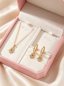 Women's "Hamsa Hand" 3 PiecesJewelry Set: Cubic Zirconia "Evil Eye" Pendant Necklace And Matching Earrings – Bohemian Style For Everyday Wear - Yellow Gold - View 5
