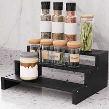 1pc Bamboo Spice Rack, Suitable For Cabinets, 3-Tier Stepped Countertop Spice Rack, Kitchen Storage Organizer - Back To School, Kitchen Utensil Storage, Room Decor, Suitable For Kitchen, Dining Room, Party, Camping, Gathering, Great Gift For Friends And Family - Multicolor - View 5