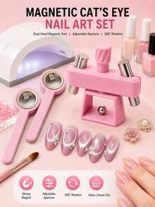 1pc/SET Adjustable Magnetic Cat Eye Nail Art Tool, Rotating Multi-Angle Magnet Stand With Sliding Side Magnets, Hands-Free Anti-Shake Design For Smooth Cat Eye Gel Polish Patterns, DIY Manicure Accessories For Home Nail Salon - Pink - View 1
