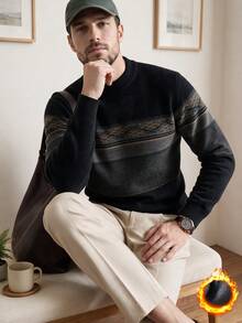 Men's Blue Striped Chenille Knitted Sweater, Thermal Lined, Thick For Winter - Black - View 7