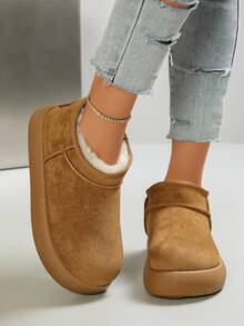 Women's Solid Color Faux Suede Slip-On Ankle Boots, Fuzzy Lining Minimalist Thick Sole Ankle Boots - Khaki - View 3
