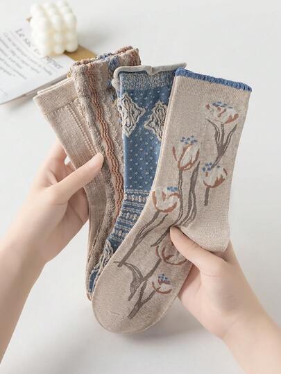4 Pairs Women's Mid-Calf Socks, Early Autumn New Vintage 3D Floral Embossed Textured Long Socks, Artistic Girl Slouch Socks, Random Assortment