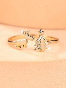 1 Cute And Delicate Reindeer Christmas Tree Open-Style Women's Ring-Perfect For Christmas Parties, Everyday Wear, Or As A Small Holiday Gift. - Yellow Gold - View 3