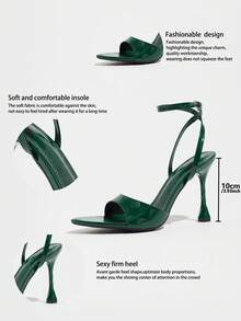 Women's High Heel Sandals, Minimalist Fashion One-Strap Buckle Design, Delicate Mirror Embossed Texture, Sharp Pointed Toe, Thin High Heel, Deep Personalized Dark Green Open Toe, Suitable For Daily Commute, Office, Business, Holiday Party, Nightclub, Dating, Outdoor, All Season Wear, Christmas, Halloween - Dark Green - View 7