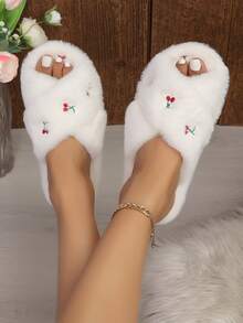Cute Cherry Embroidered Plush Slippers, White Fluffy Plush Upper, Cross Strap Open Toe Design, Flat Comfortable, Women's Autumn/Winter Home Casual Thermal Slippers - White - View 5