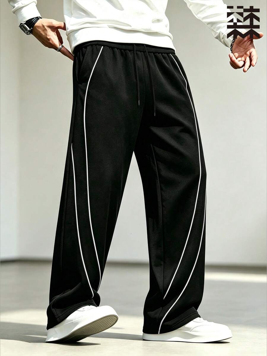 mulinsen Men's Straight Leg Casual Pants, Minimalist Line Design, Loose & Comfortable For Summer Street, Daily, Commute And Vacation Wear - Black - View 1