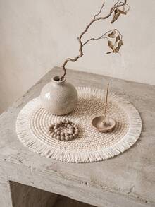 1/2/4/6/12pcs Beige Tassel Woven Placemats, Natural Rustic Style, Cotton Rope Material, Round Tassel Edge And Woven Texture Details, Heat-Resistant And Anti-Slip, Tabletop Protection And Decorative Enhancement, Suitable For Incense Ceremony, Meditation And Rustic Home Decor - White - View 6