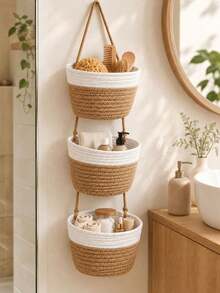 1pc 3-Tier Bohemian Style Wall-Mounted Bathroom Storage Basket, Large Capacity Space-Saving Design, Can Store Towels, Toiletries, Books, Remote Controls And Home Supplies - Multicolor - View 4