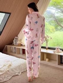 Sweet Pink Bear & Star Print Woven Pajama Set, Lantern Sleeve Button-Down Top & Pants Women Fall Winter Clothes - Pink - View 2