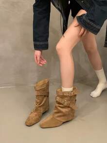 French Blogger Style Pointed Toe Wide Shaft Knee-High Boots, Nordic Kitten Heel Riding Boots For Women - Khaki - View 5