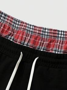 Amerikansk High Street USA sweatshirtset för herrar med bokstavs- och flaggmönster, rutiga patchworkshorts med dubbel midja och dragsko, avslappnad 2-delad outfit - Svart - Visa 8