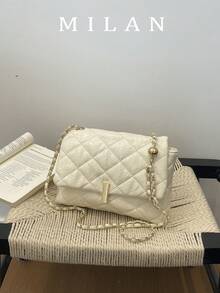 1件純色刺繡菱格紋便攜翻蓋時尚優雅單肩斜挎包，適合女性日常使用 - 米色 - 查看 2