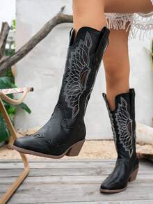 Elegant Women's Vintage Embroidered Western Cowboy Boots, Pointed Toe Chunky Square Heel Mid-Calf Riding Boots, Fashion Coachella Style - Black - View 1