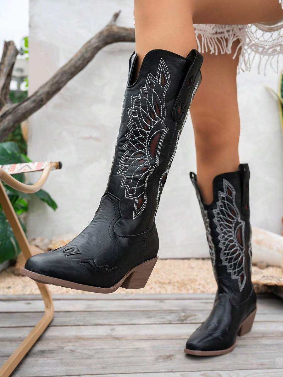 Elegant Women's Vintage Embroidered Western Cowboy Boots, Pointed Toe Chunky Square Heel Mid-Calf Riding Boots, Fashion Coachella Style - Black - View 1