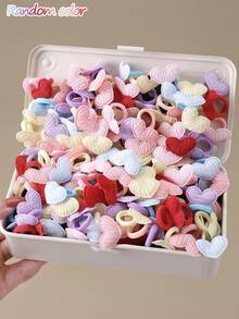 20pcs/Set Girls Colorful Fabric Heart-Shaped Mini Hair Ties, Random Color, Cute 3D Heart Design, Non-Damaging Hair Accessories For Kids - Multicolor - View 3